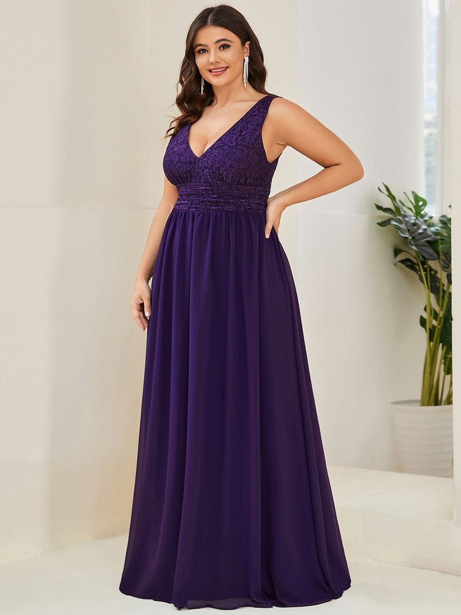 Plus Size Sleeveless V-Neck Empire Waist Floor-Length Evening Dress