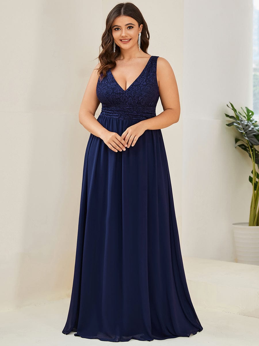 Plus Size Sleeveless V-Neck Empire Waist Floor-Length Evening Dress