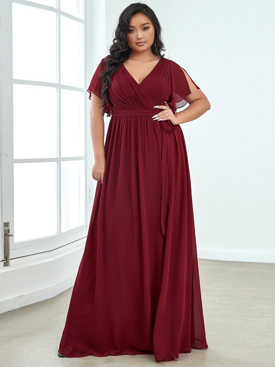 Plus Size Floor-Length Chiffon Evening Dress V-Neck Maxi #color_Burgundy