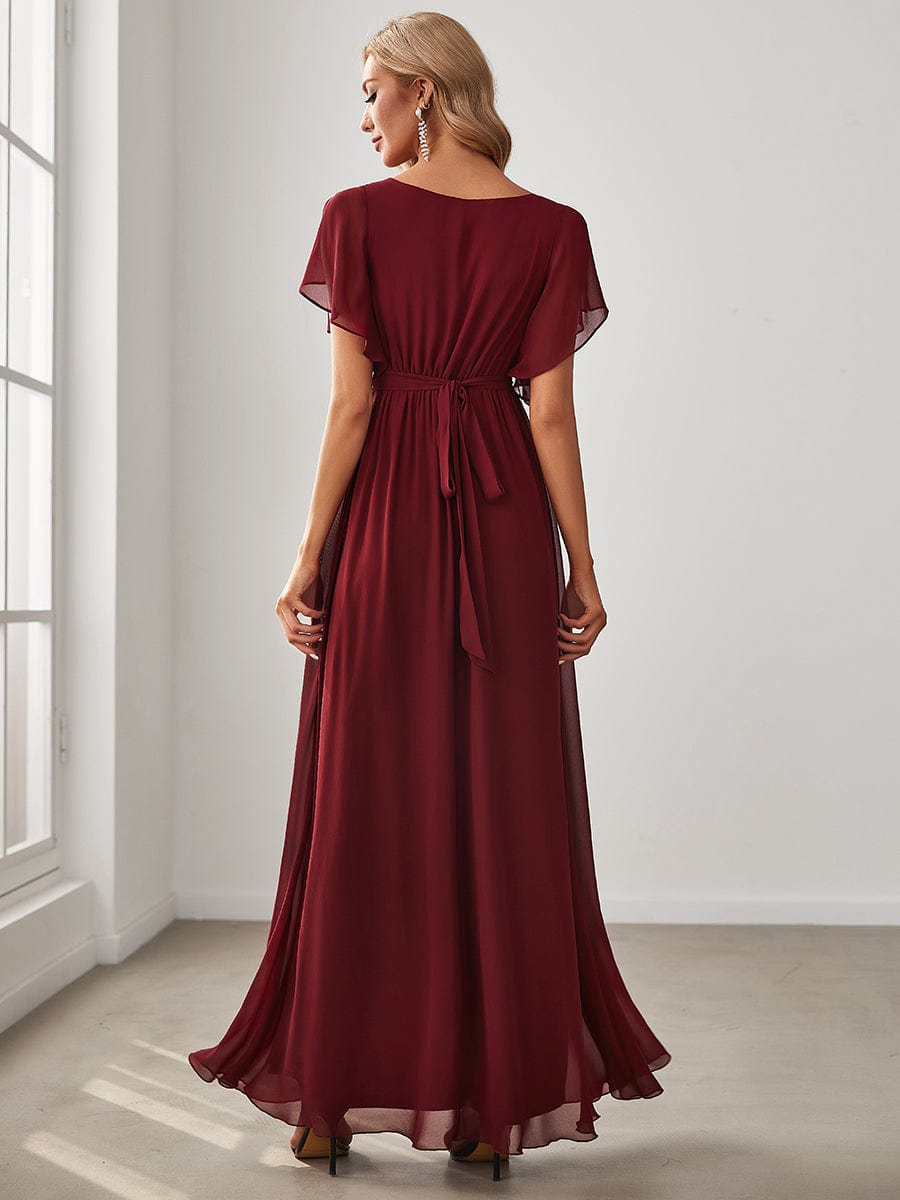 V-Neck Flutter Sleeve Floor-Length A-Line Chiffon Evening Dress #color_Burgundy