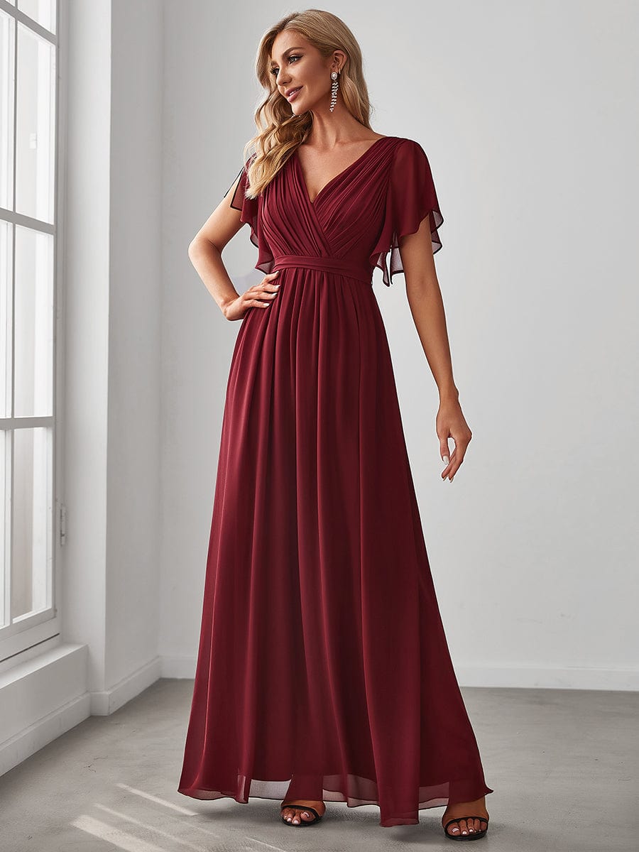 Custom Size V-Neck Flutter Sleeve Floor-Length A-Line Chiffon Evening Dress #color_Burgundy