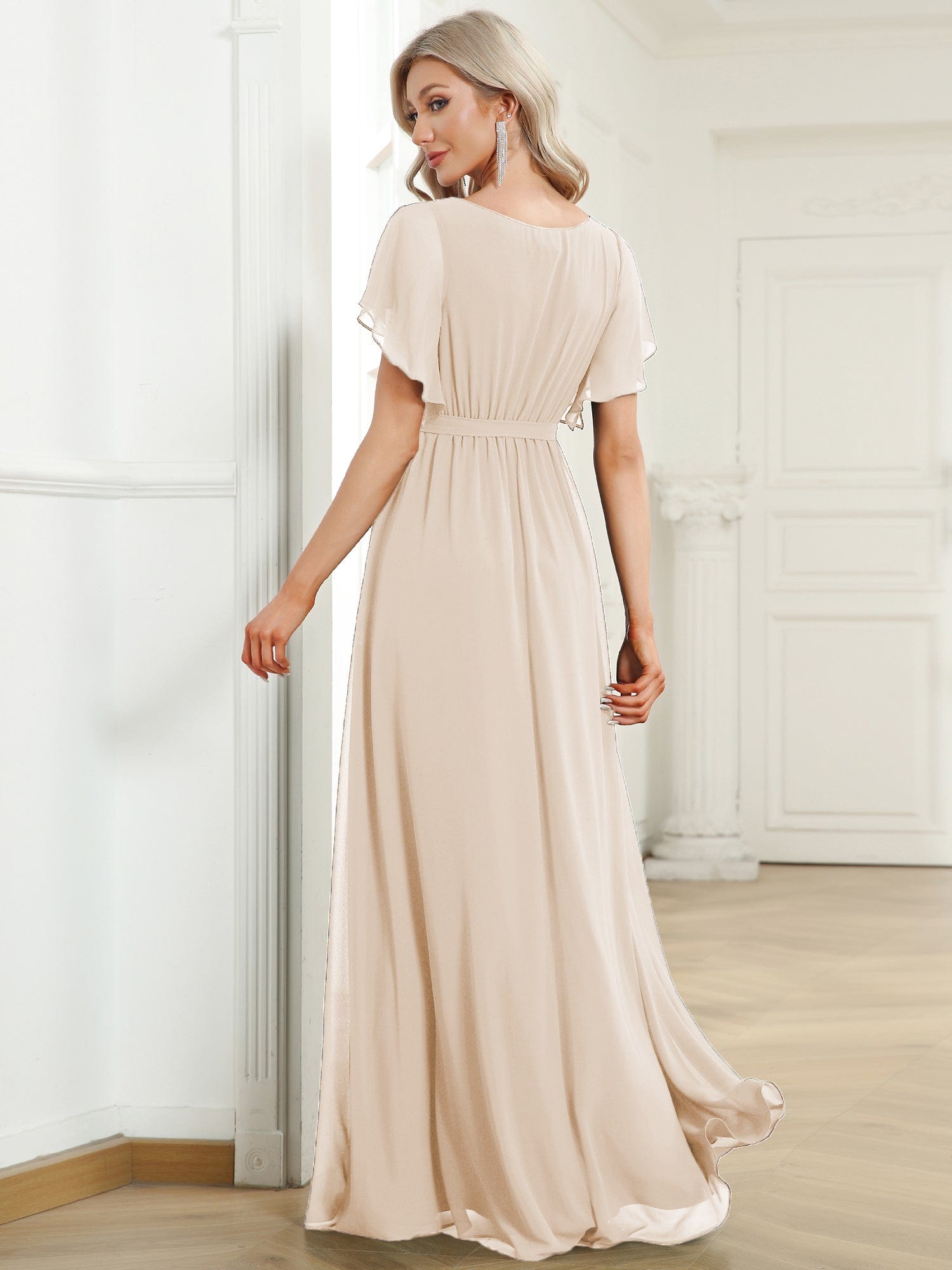 Custom Size V-Neck Flutter Sleeve Floor-Length A-Line Chiffon Evening Dress #color_Blush