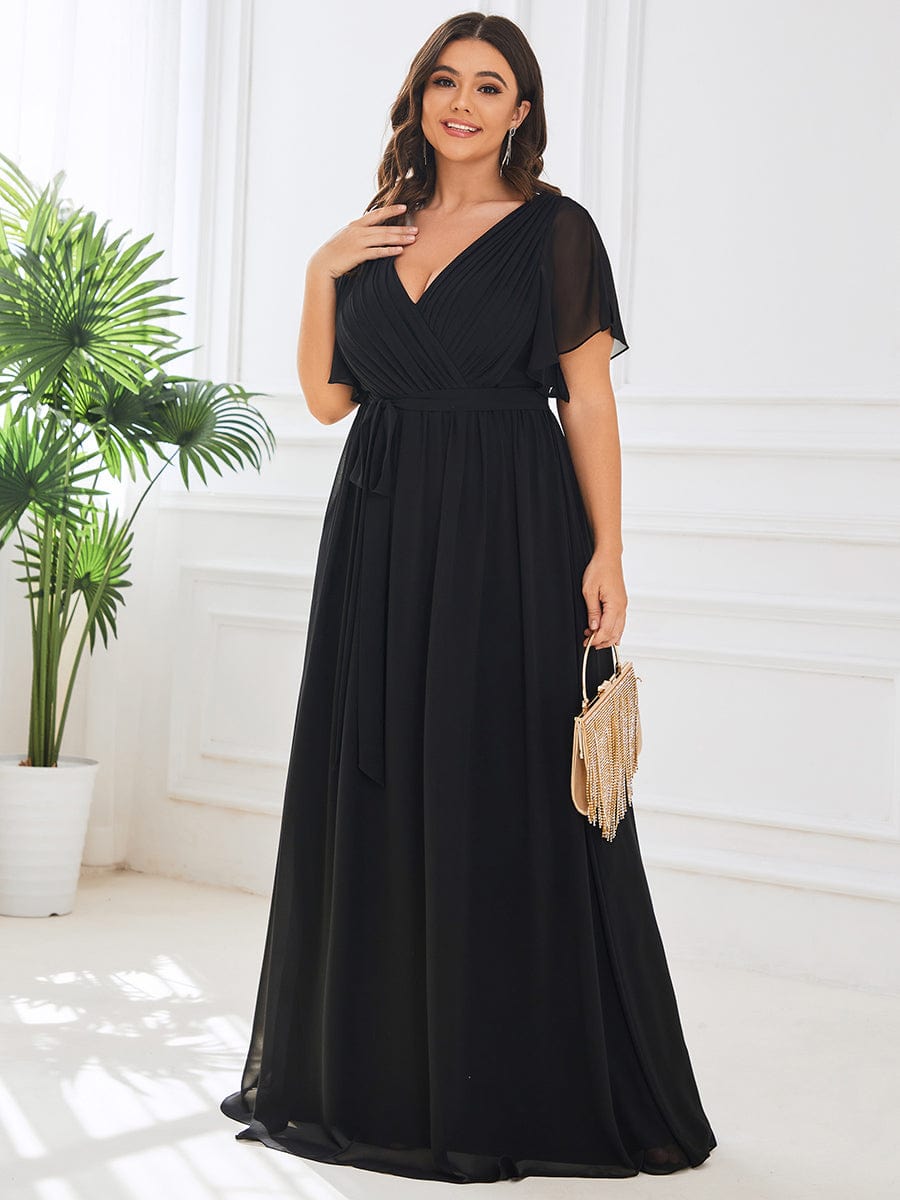 Plus Size Floor-Length Chiffon Evening Dress V-Neck Maxi #color_Black