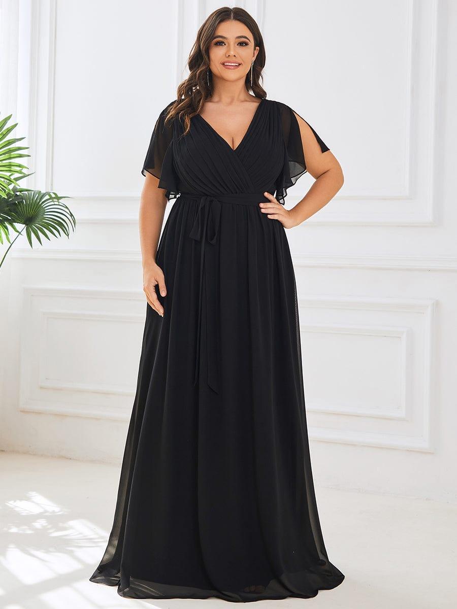 Plus Size Floor-Length Chiffon Evening Dress V-Neck Maxi #color_Black