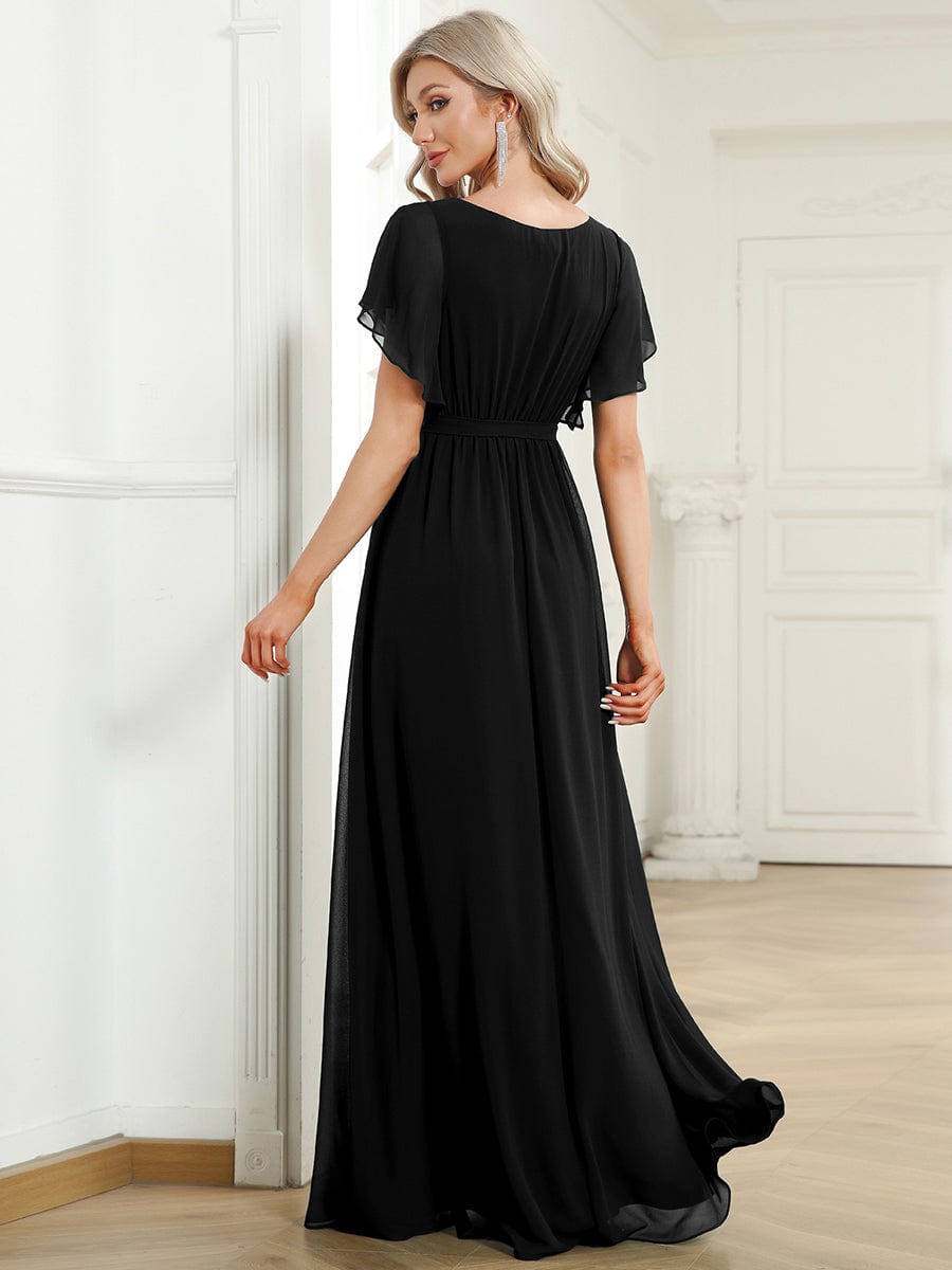 Custom Size V-Neck Flutter Sleeve Floor-Length A-Line Chiffon Evening Dress #color_Black
