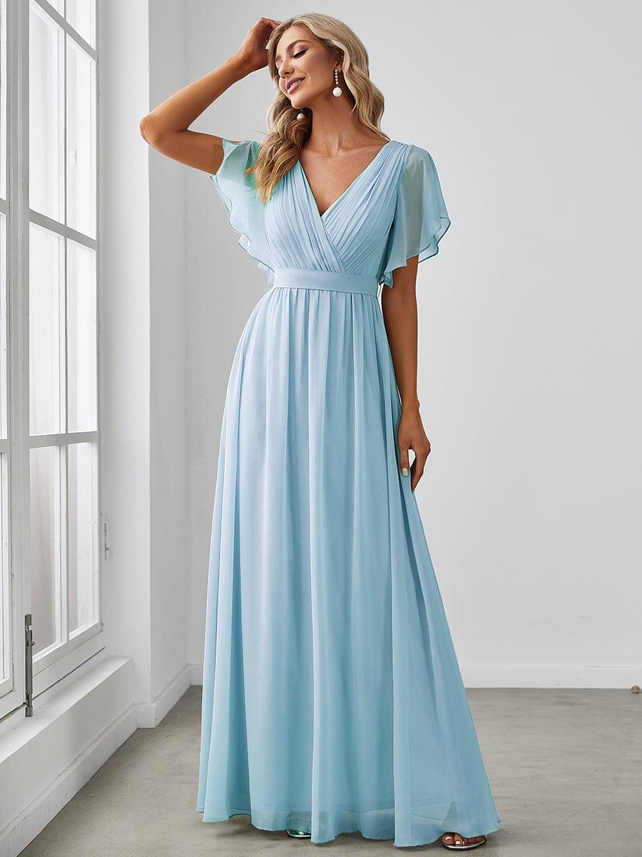 V-Neck Flutter Sleeve Floor-Length A-Line Chiffon Bridesmaid Dress #color_Sky Blue