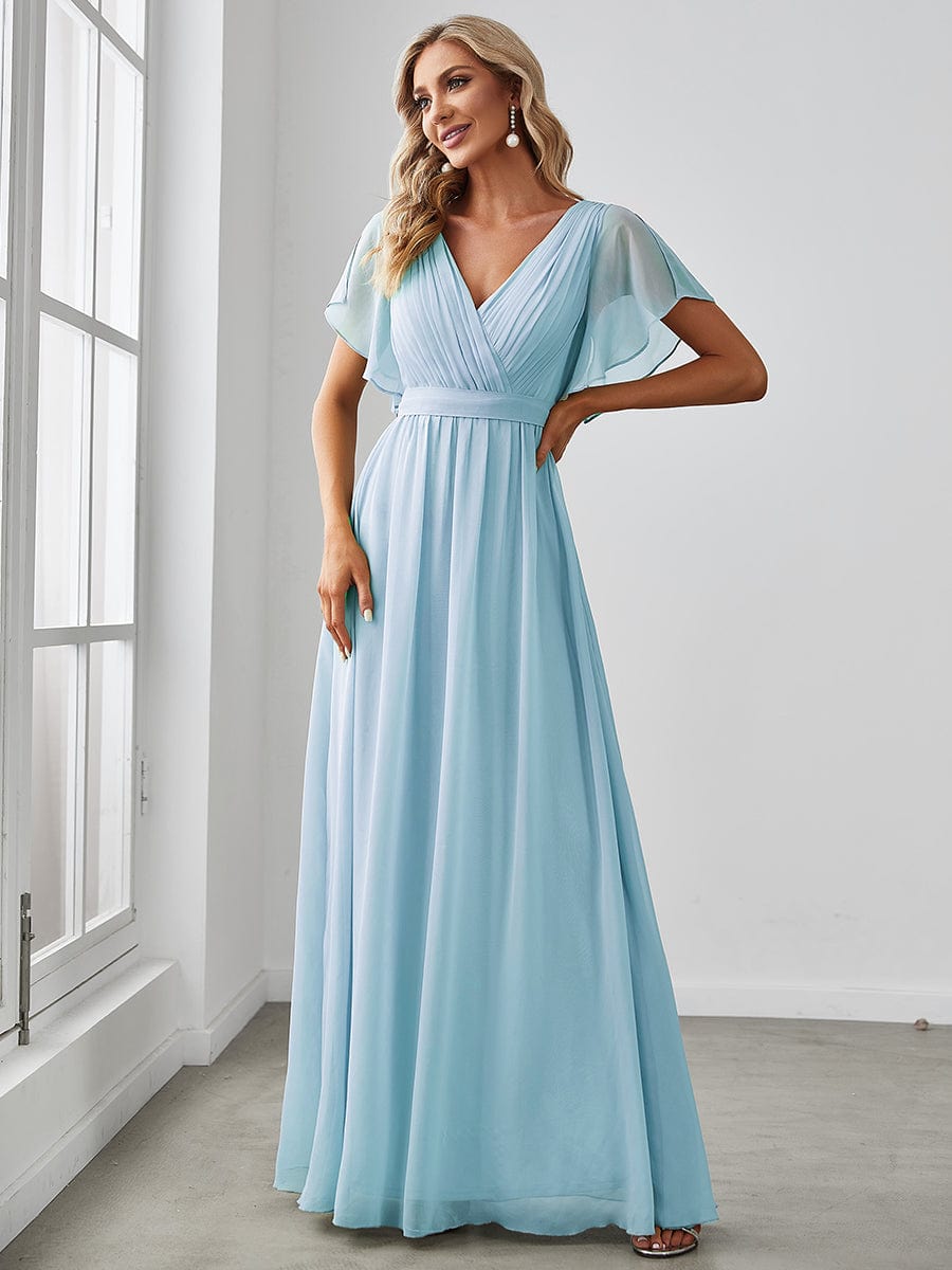 Custom Size V-Neck Flutter Sleeve Floor-Length A-Line Chiffon Evening Dress #color_Sky Blue