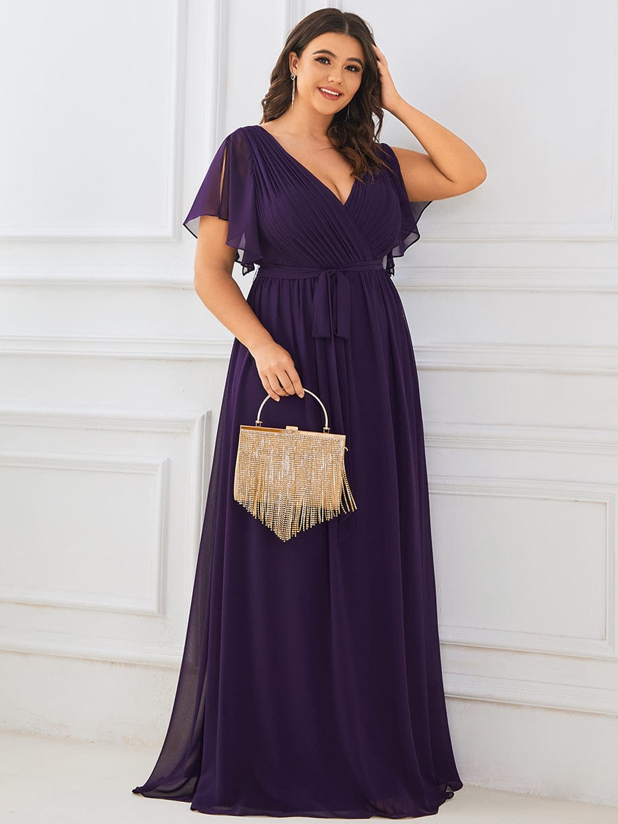 Plus Size Floor-Length Chiffon Evening Dress V-Neck Maxi #color_Dark Purple
