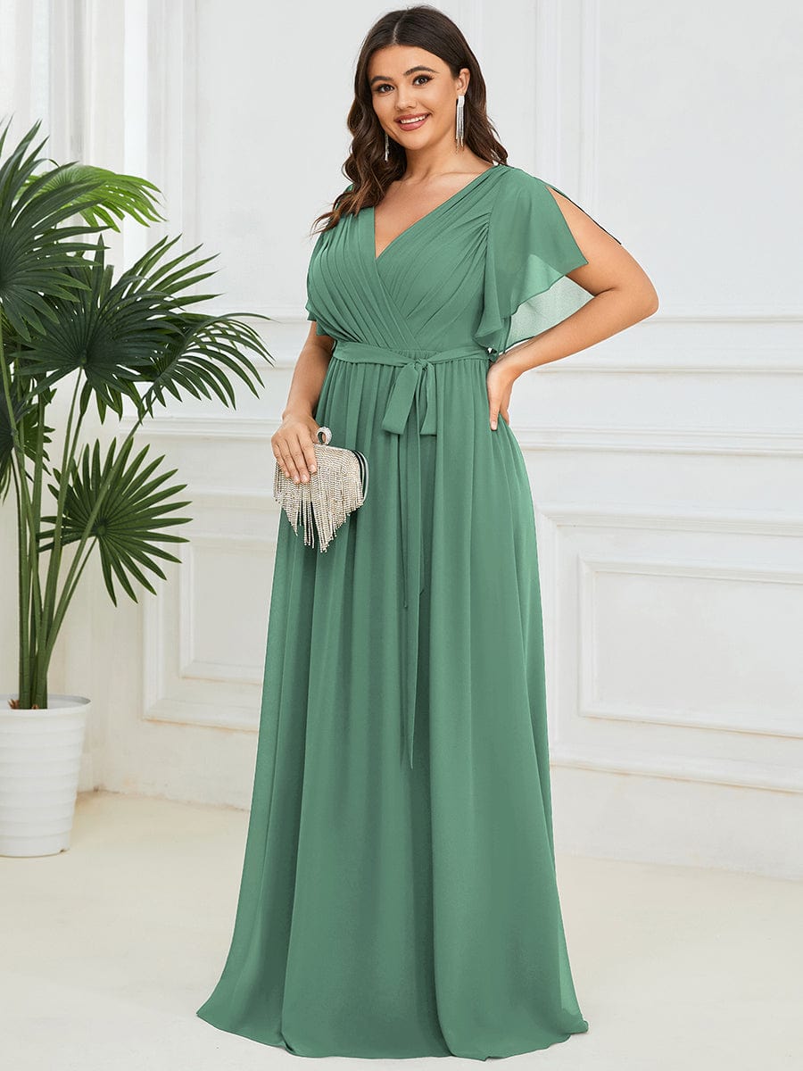 Custom Size V-Neck Flutter Sleeve Floor-Length A-Line Chiffon Evening Dress