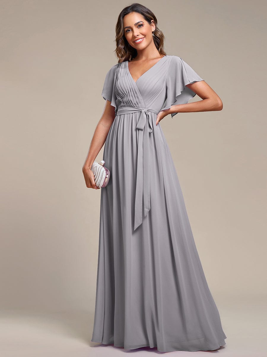 Custom Size V-Neck Flutter Sleeve Floor-Length A-Line Chiffon Evening Dress #color_Grey