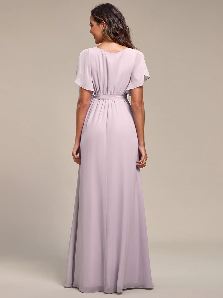 Custom Size V-Neck Flutter Sleeve Floor-Length A-Line Chiffon Evening Dress #color_Lilac