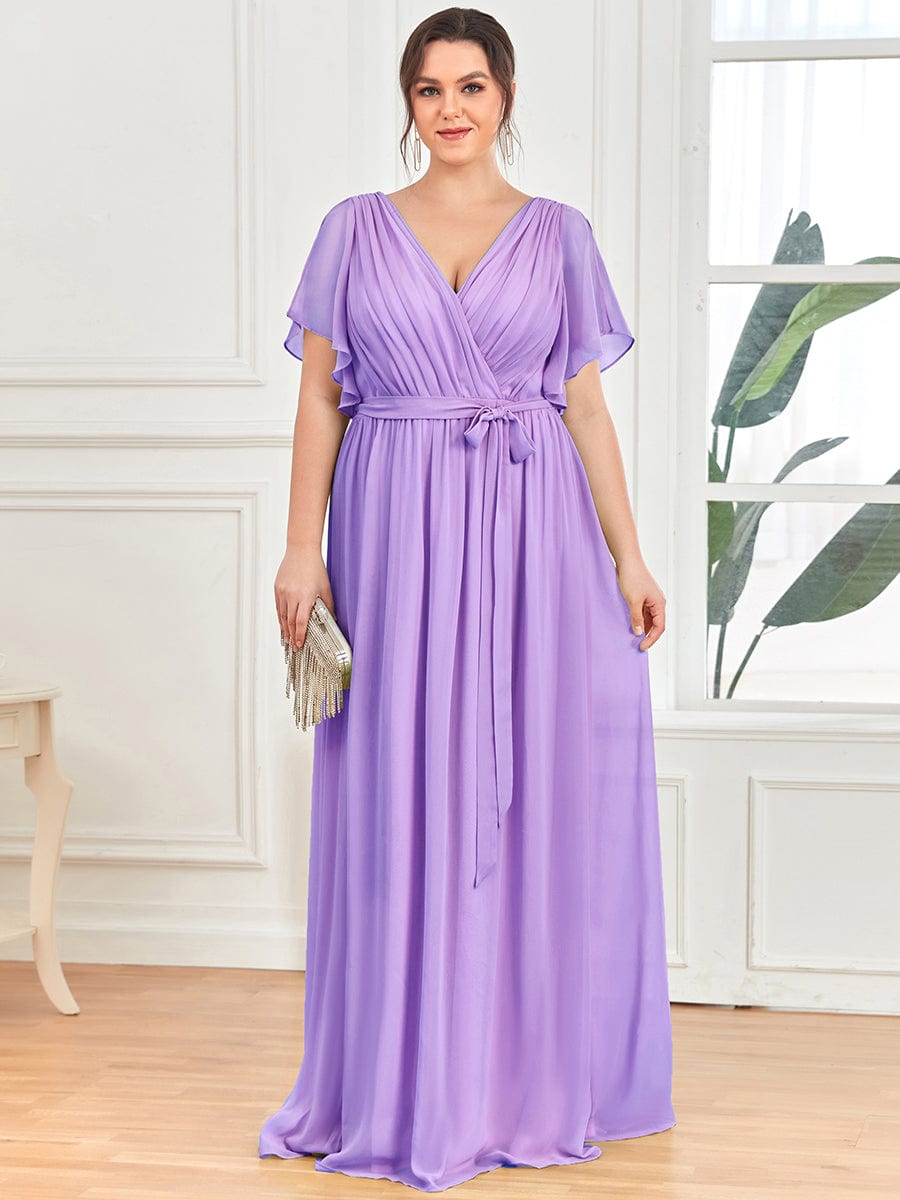 Plus Size Floor-Length Chiffon Evening Dress V-Neck Maxi #color_Lavender