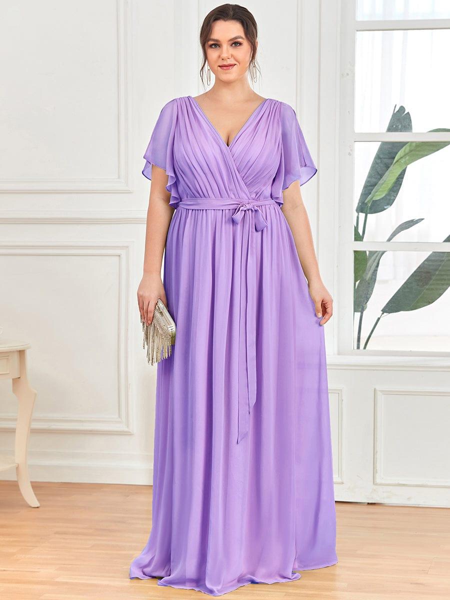 V-Neck Flutter Sleeve Floor-Length A-Line Chiffon Bridesmaid Dress #color_Lavender