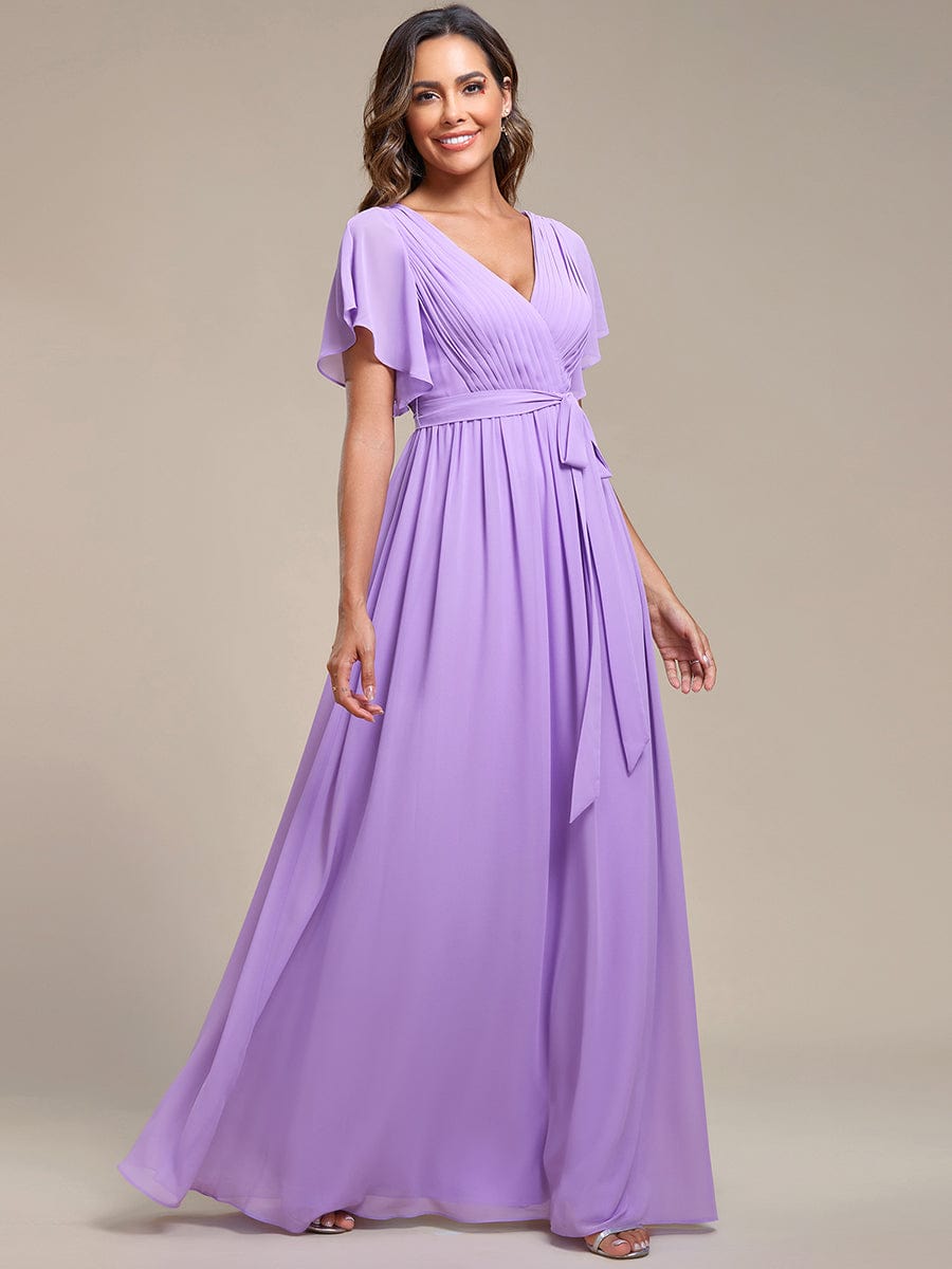 Custom Size V-Neck Flutter Sleeve Floor-Length A-Line Chiffon Evening Dress #color_Lavender