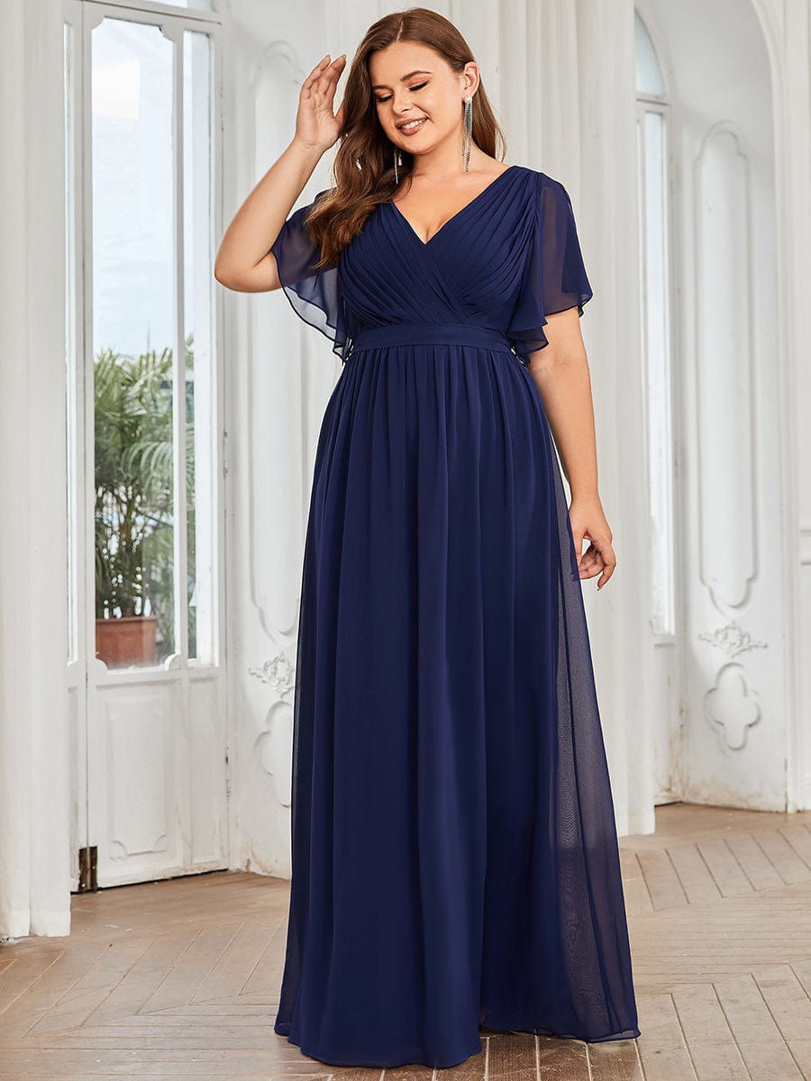 Plus Size Floor-Length Chiffon Evening Dress V-Neck Maxi #color_Navy Blue