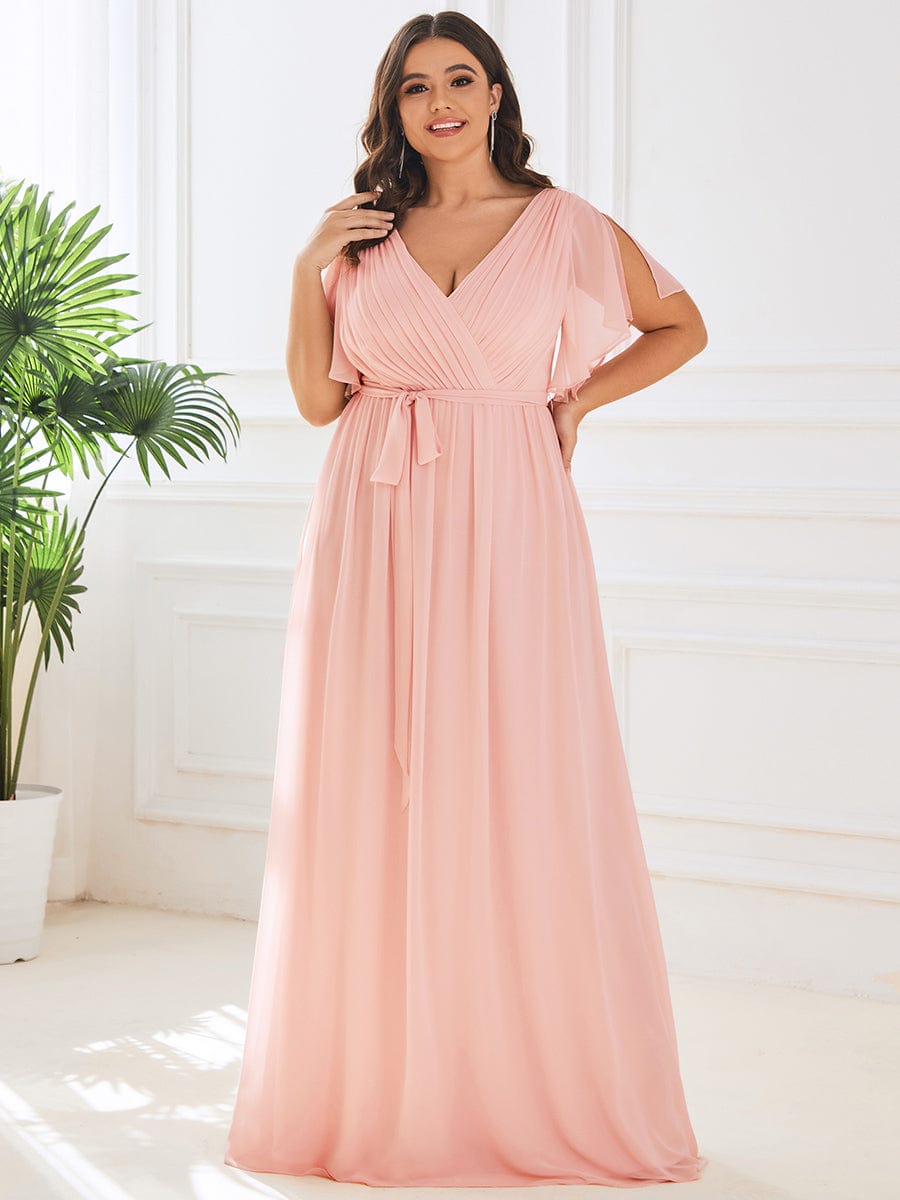 Plus Size Floor-Length Chiffon Evening Dress V-Neck Maxi #color_Pink