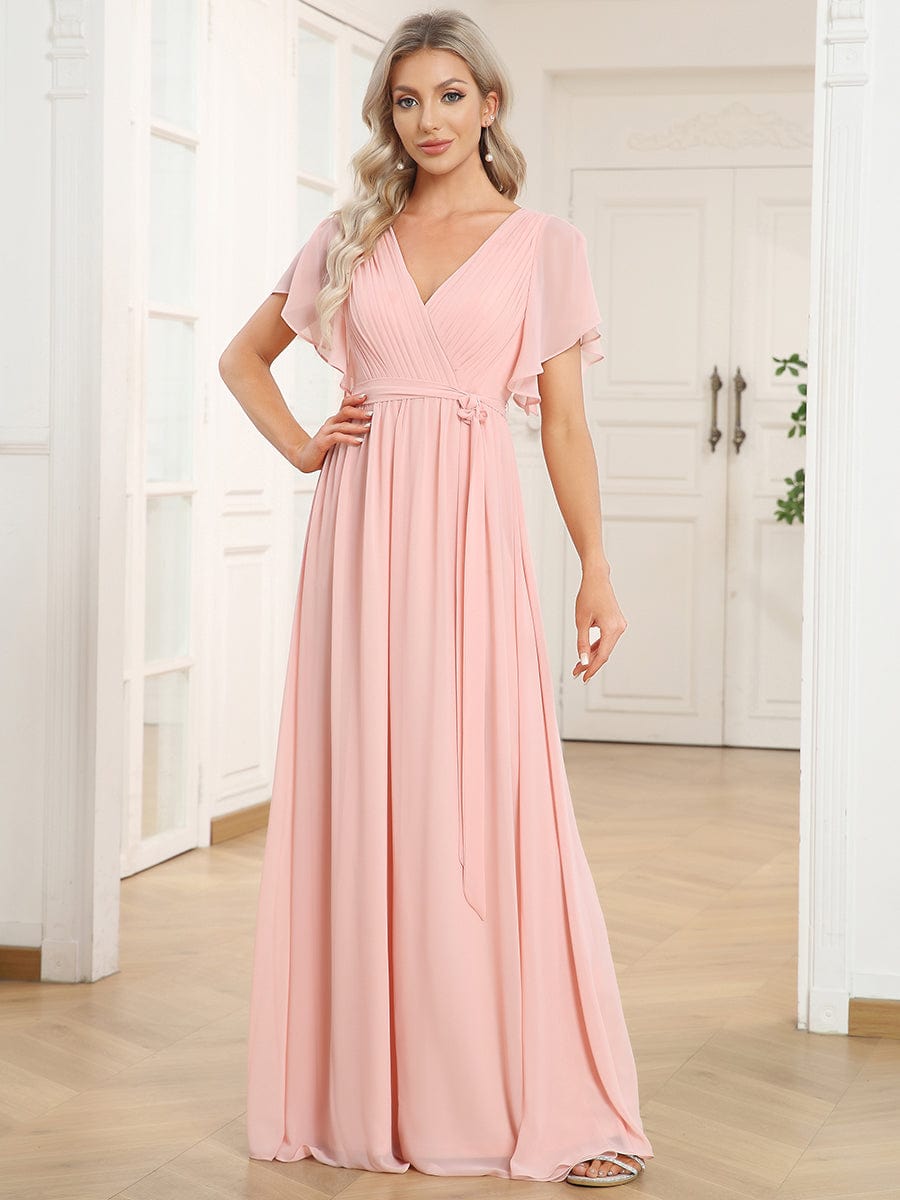 Custom Size V-Neck Flutter Sleeve Floor-Length A-Line Chiffon Evening Dress #color_Pink