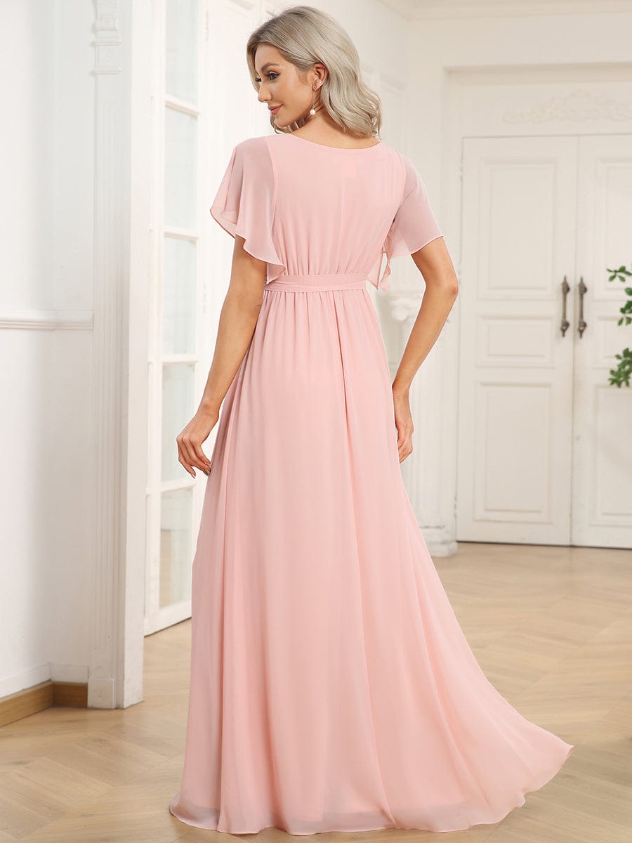 Custom Size V-Neck Flutter Sleeve Floor-Length A-Line Chiffon Evening Dress #color_Pink