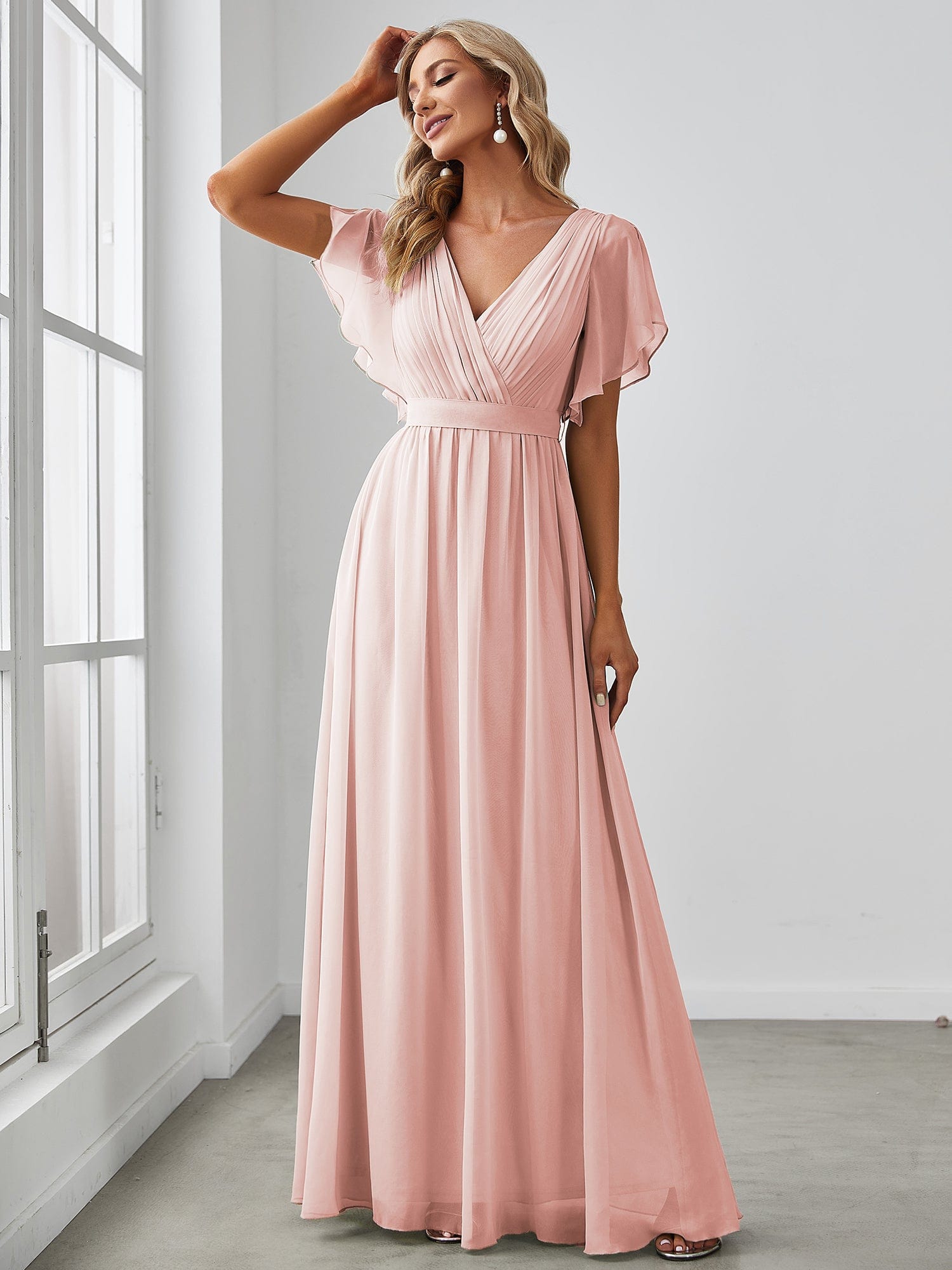 V-Neck Flutter Sleeve Floor-Length A-Line Chiffon Evening Dress #color_Pink