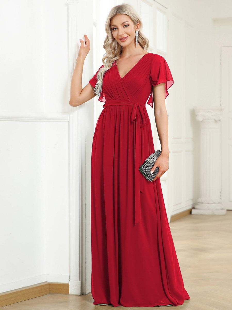 Custom Size V-Neck Flutter Sleeve Floor-Length A-Line Chiffon Evening Dress #color_Red