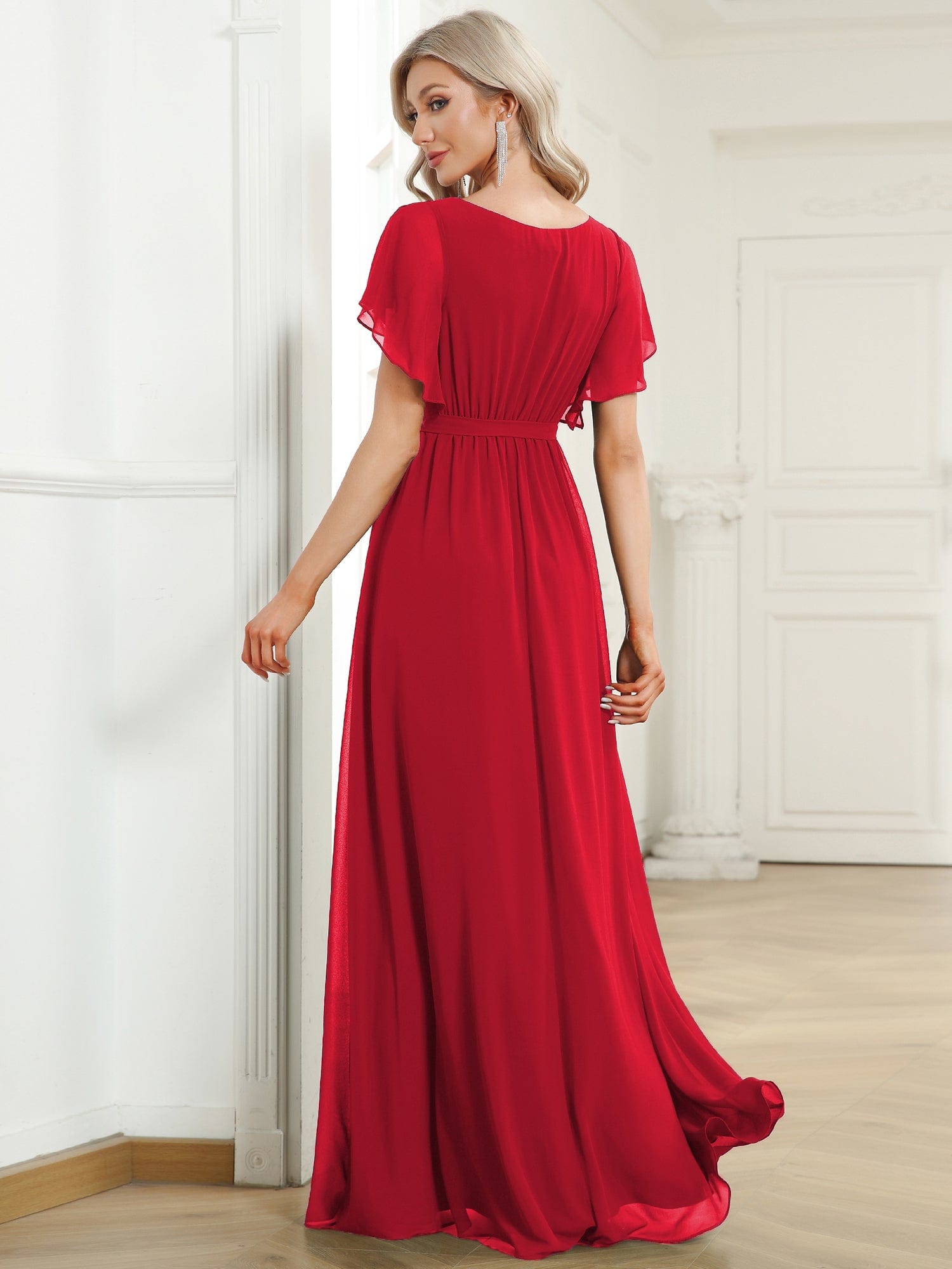 Custom Size V-Neck Flutter Sleeve Floor-Length A-Line Chiffon Evening Dress #color_Red