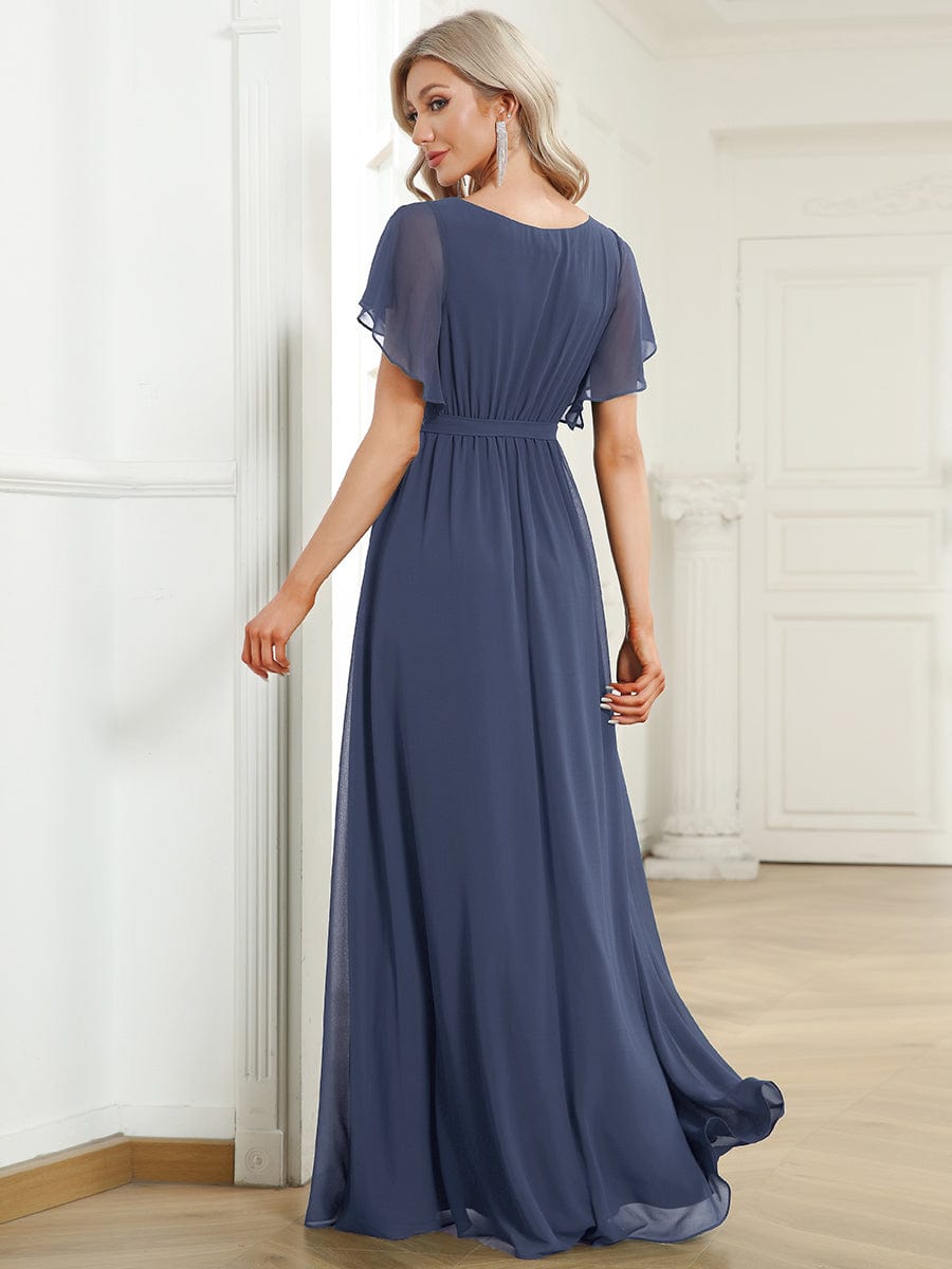 Custom Size V-Neck Flutter Sleeve Floor-Length A-Line Chiffon Evening Dress #color_Stormy