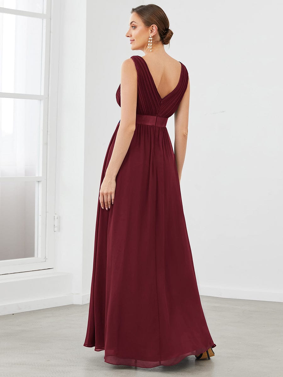 Satin Waist Sleeveless Pleated A-Line Evening Dress #color_Burgundy