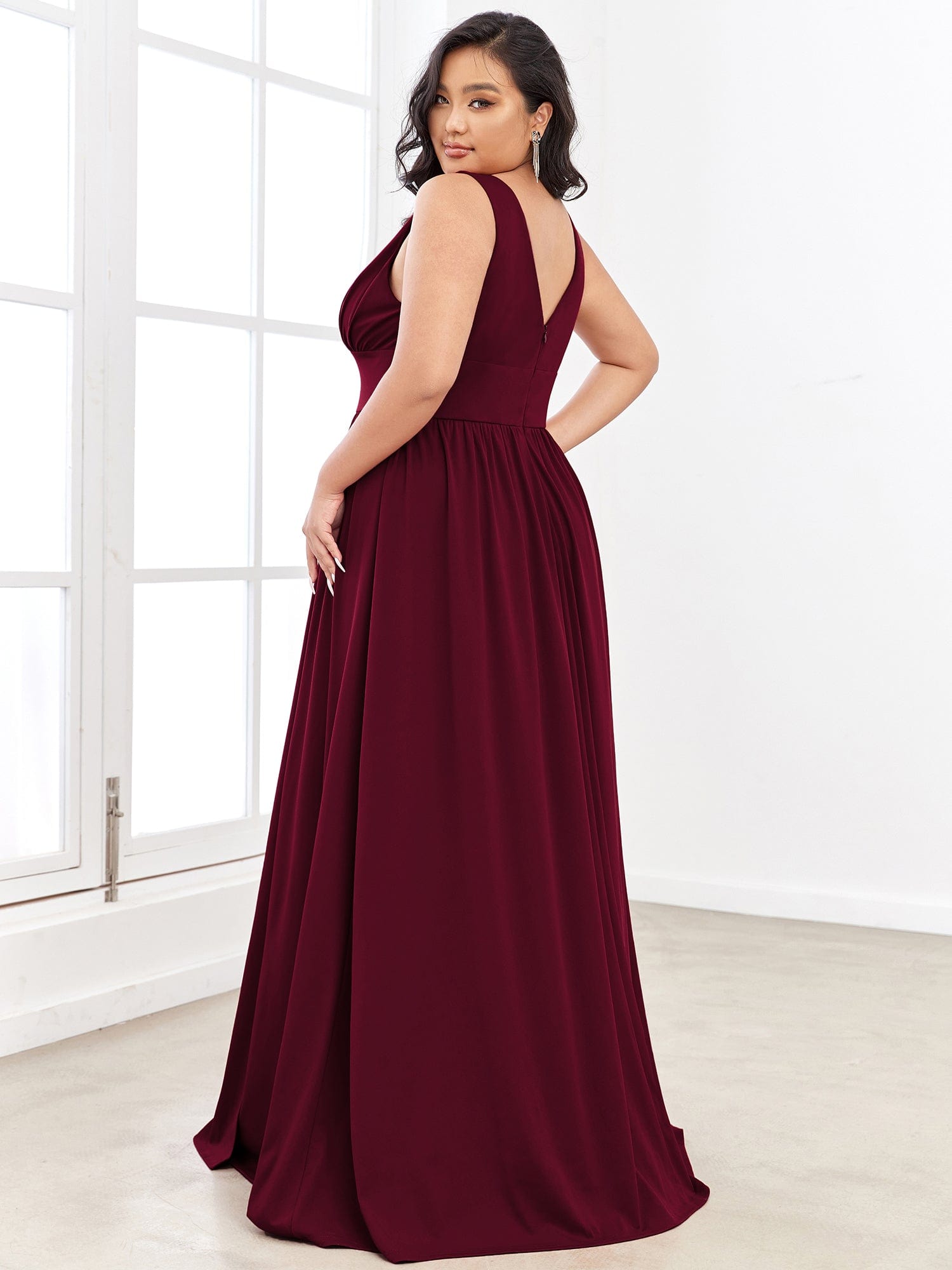 Plus Size Chiffon Lace Print Sleeveless Empire Waist V-Neck Evening Dress #color_Burgundy