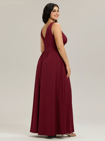 Plus Size Chiffon Lace Print Sleeveless Empire Waist V-Neck Evening Dress #color_Burgundy