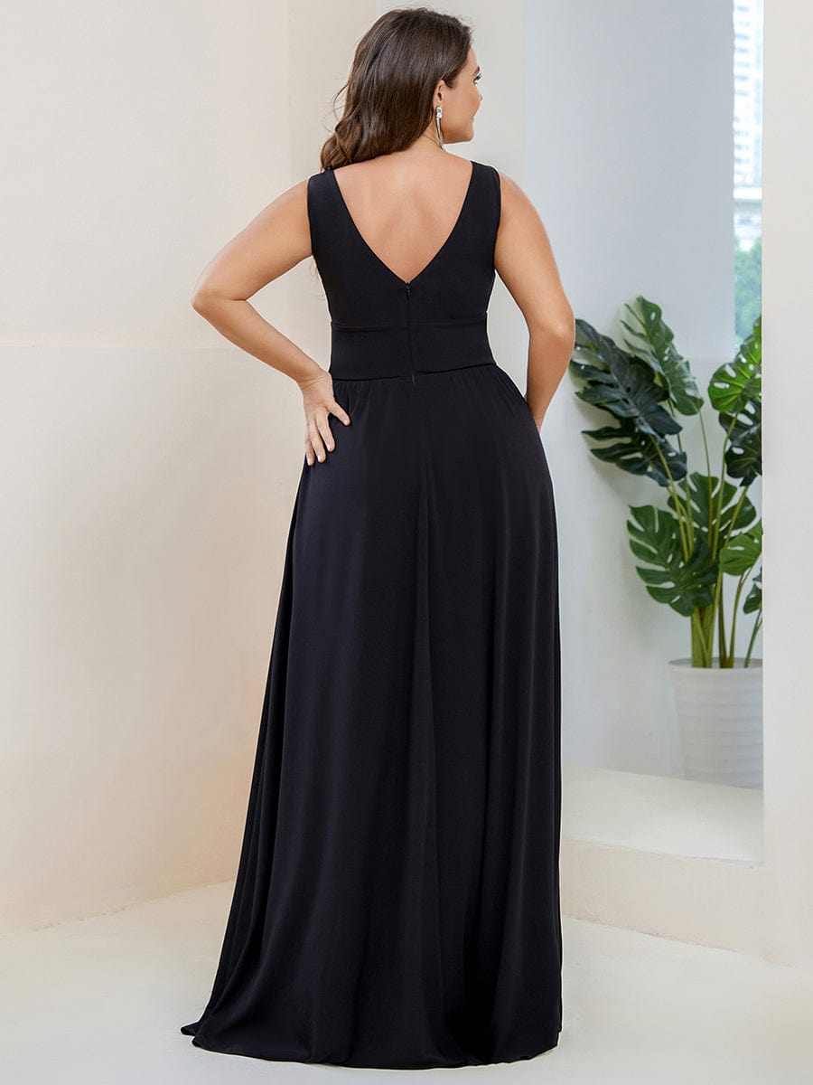Plus Size Chiffon Lace Print Sleeveless Empire Waist V-Neck Evening Dress #color_Black