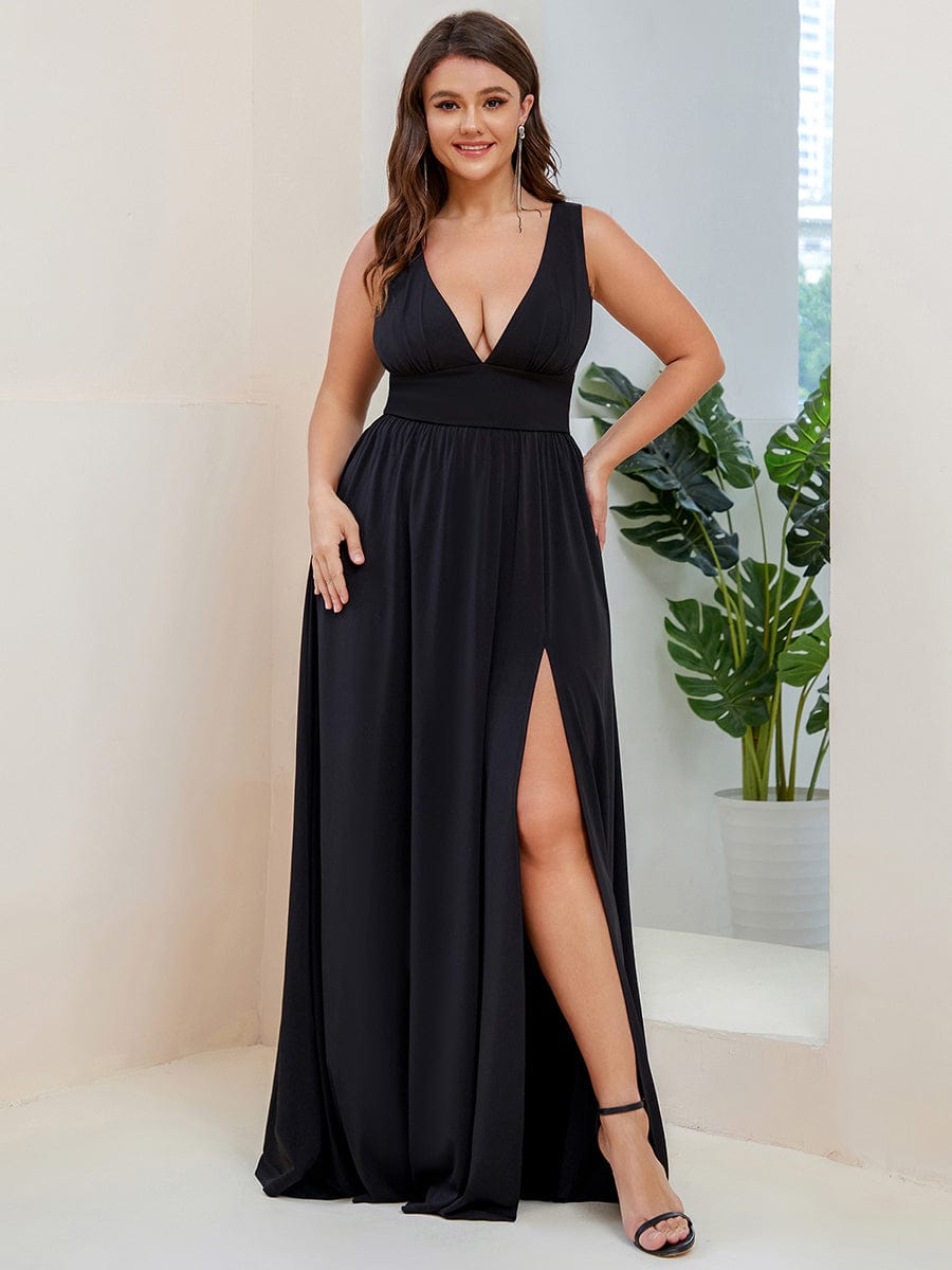 Plus Size Chiffon Lace Print Sleeveless Empire Waist V-Neck Evening Dress #color_Black