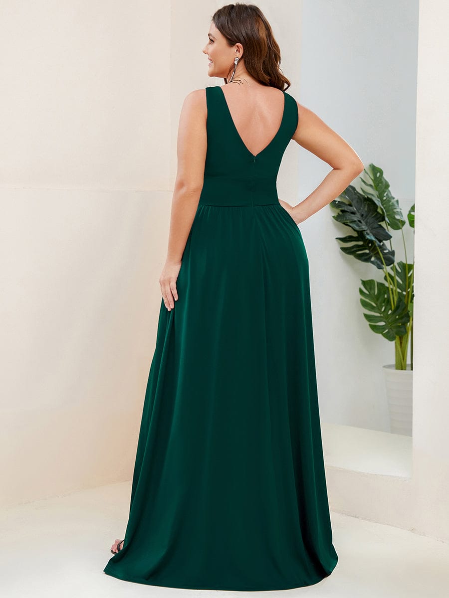 Plus Size Chiffon Lace Print Sleeveless Empire Waist V-Neck Evening Dress #color_Dark Green
