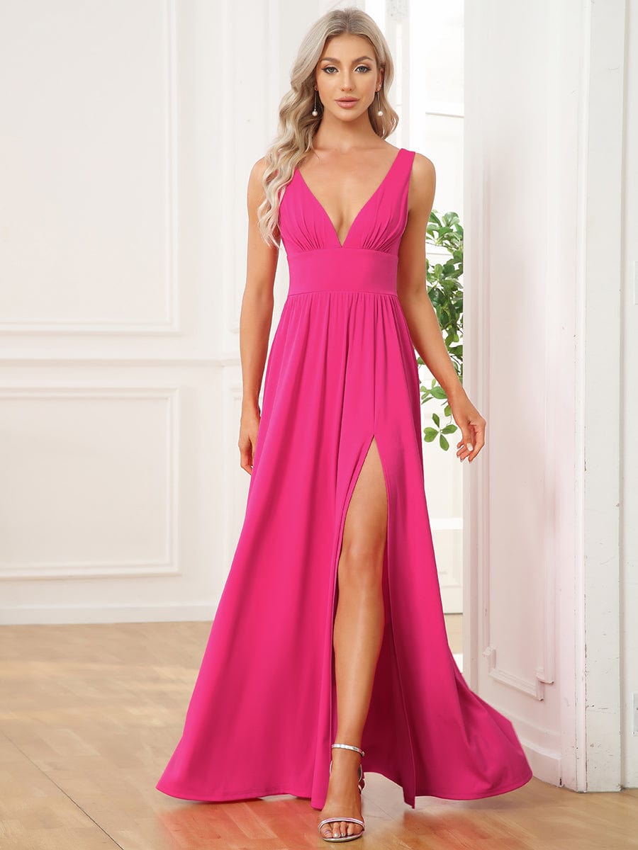 Stunning V-Neck Empire Waist Floor-Length Evening Dress with High Slit
