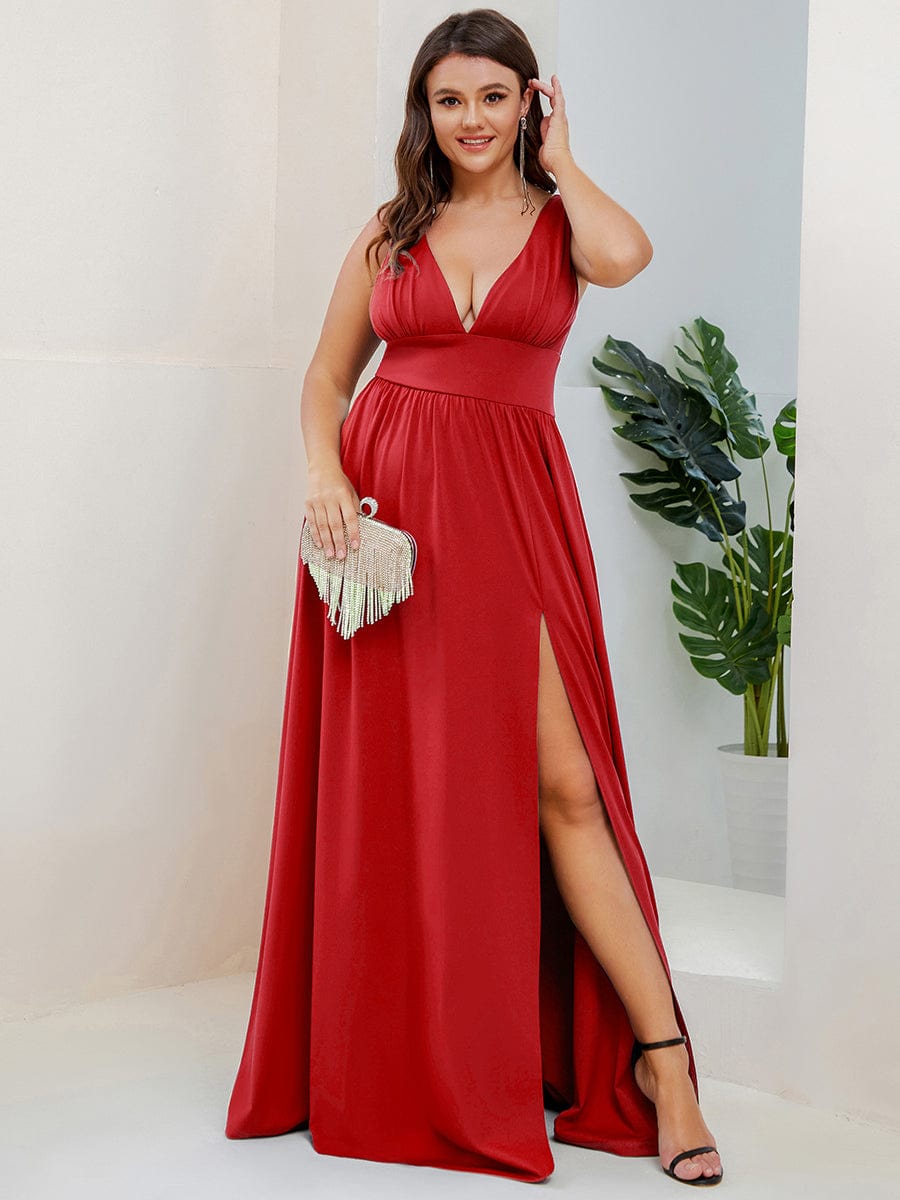 Plus Size Chiffon Lace Print Sleeveless Empire Waist V-Neck Evening Dress #color_Red