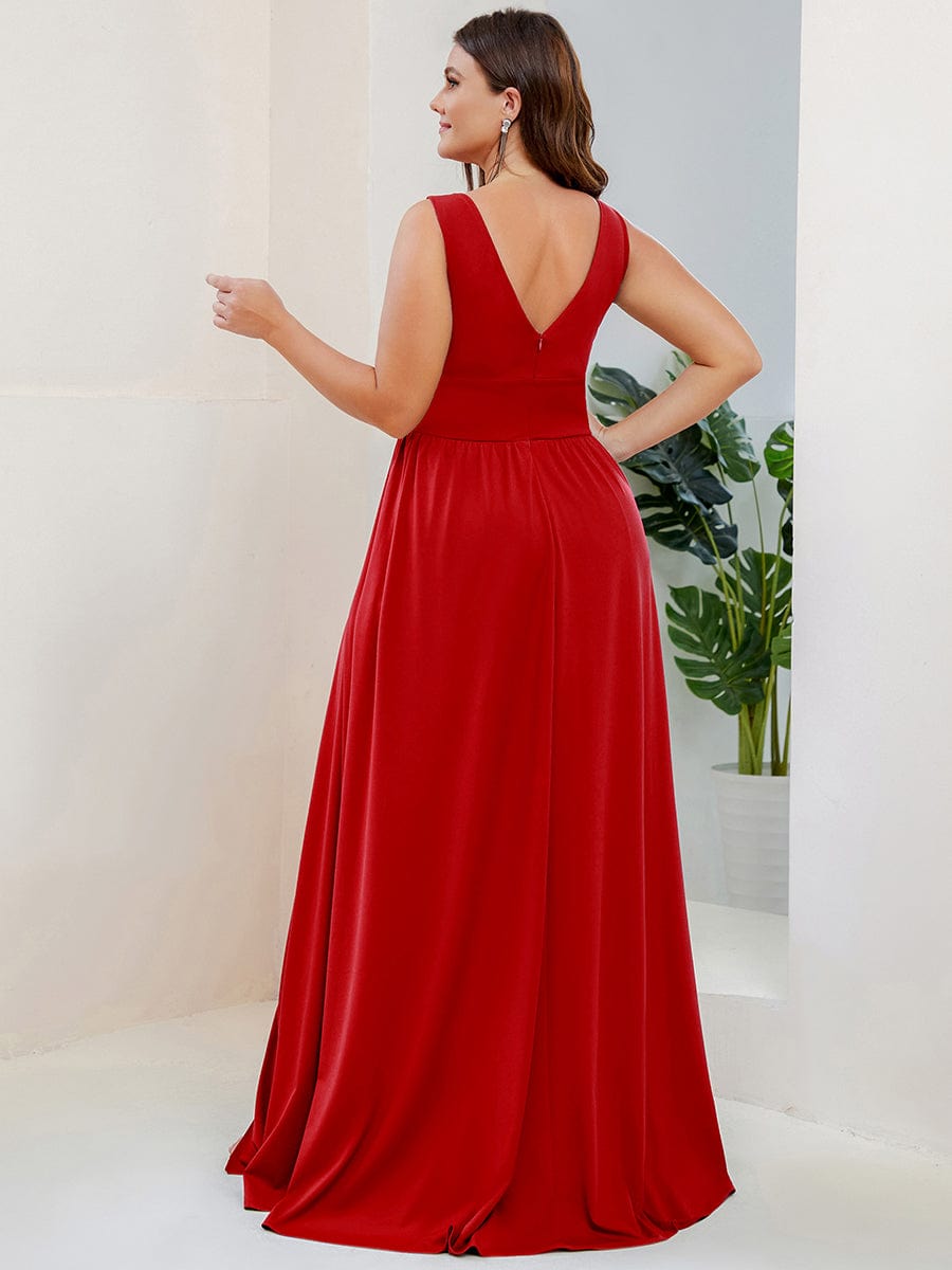 Plus Size Chiffon Lace Print Sleeveless Empire Waist V-Neck Evening Dress #color_Red