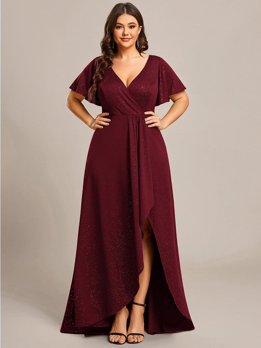 Plus Size Glittering High-Low Evening Dress with Flutter Sleeves #color_Burgundy