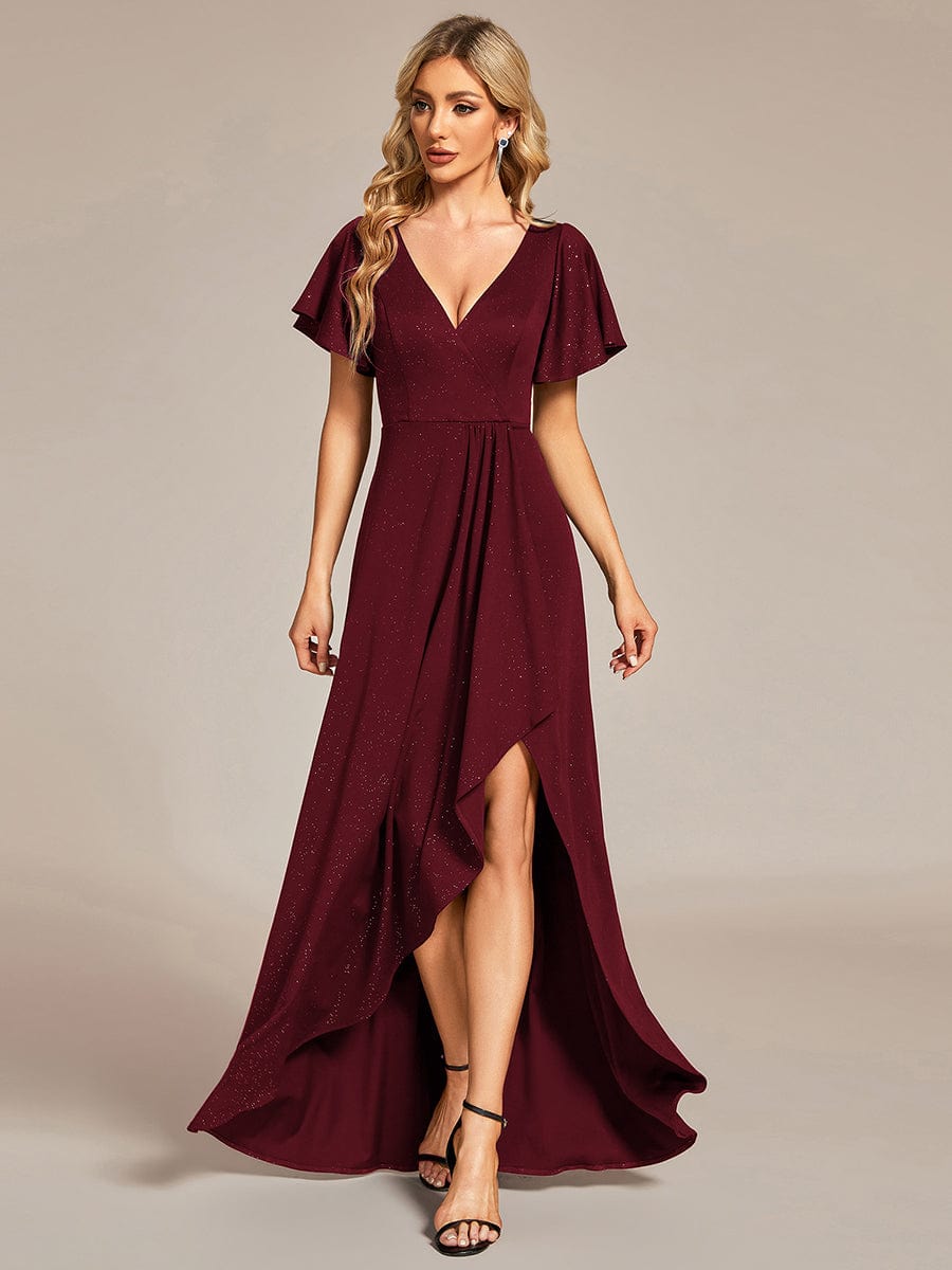 Ruffle Sleeves V Neck High Low Evening Dress #color_Burgundy