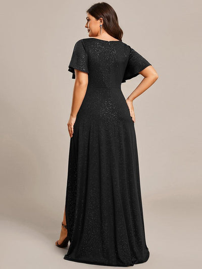 Plus Size Glittering High-Low Evening Dress with Flutter Sleeves #color_Black