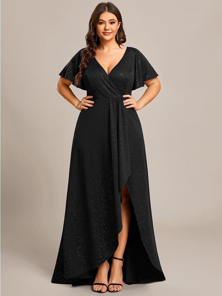 Plus Size Glittering High-Low Evening Dress with Flutter Sleeves #color_Black