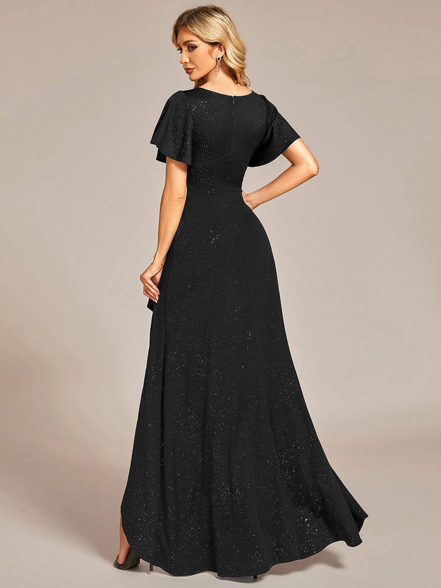 Ruffle Sleeves V Neck High Low Evening Dress #color_Black