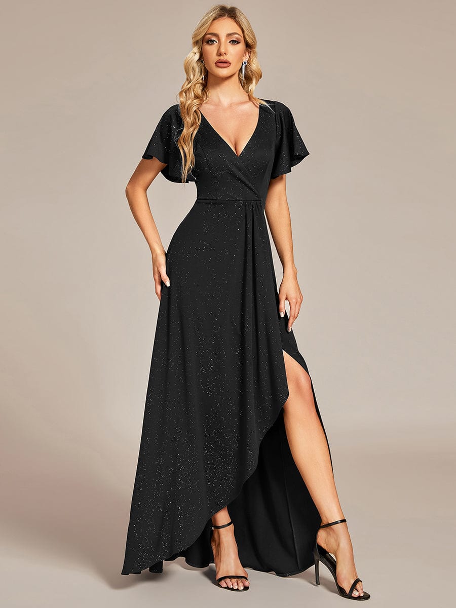 Ruffle Sleeves V Neck High Low Evening Dress #color_Black