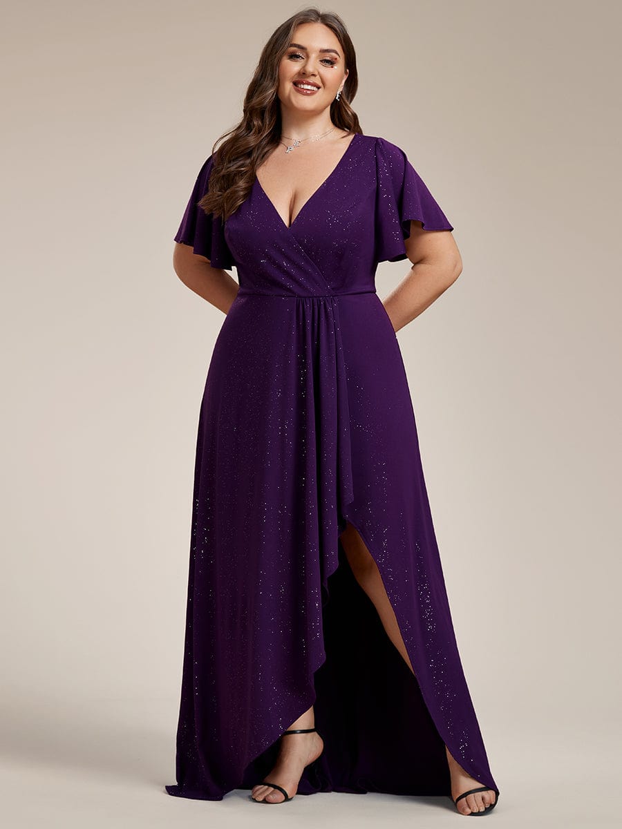 Plus Size Glittering High-Low Evening Dress with Flutter Sleeves