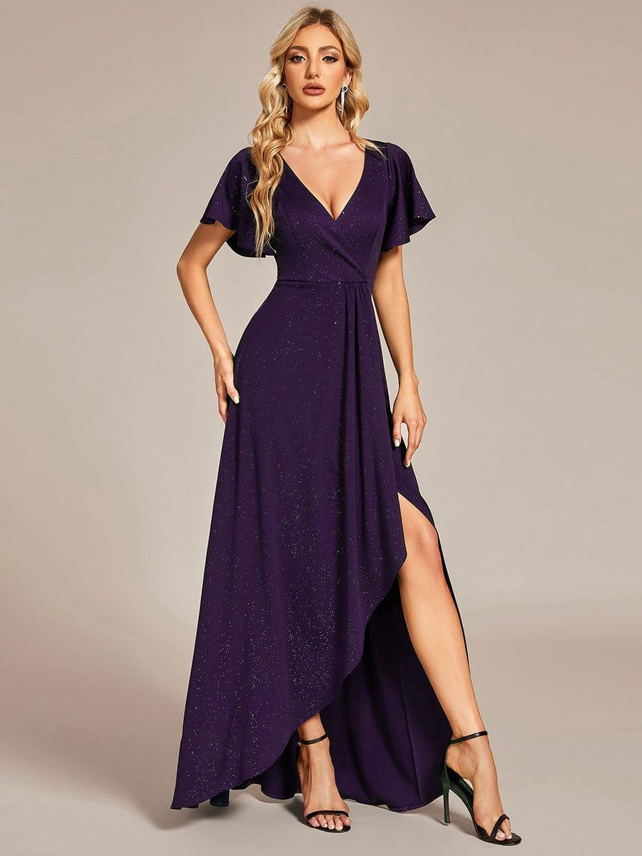 Ruffle Sleeves V Neck High Low Evening Dress