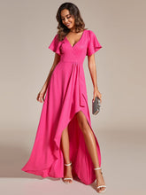 Ruffle Sleeves V Neck High Low Evening Dress #color_Hot Pink