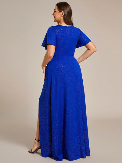 Plus Size Glittering High-Low Evening Dress with Flutter Sleeves #color_Sapphire Blue