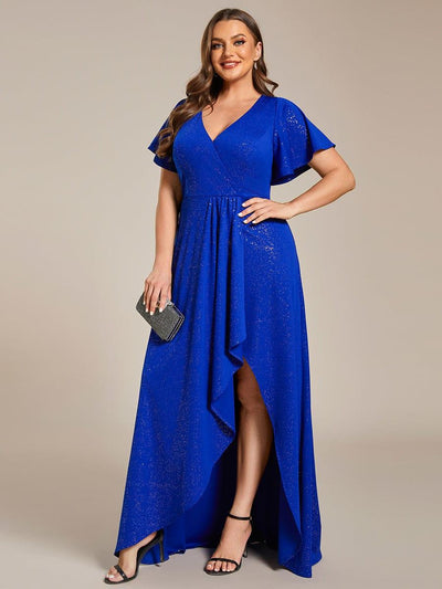 Plus Size Glittering High-Low Evening Dress with Flutter Sleeves #color_Sapphire Blue