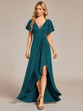Ruffle Sleeves V Neck High Low Evening Dress #color_Teal