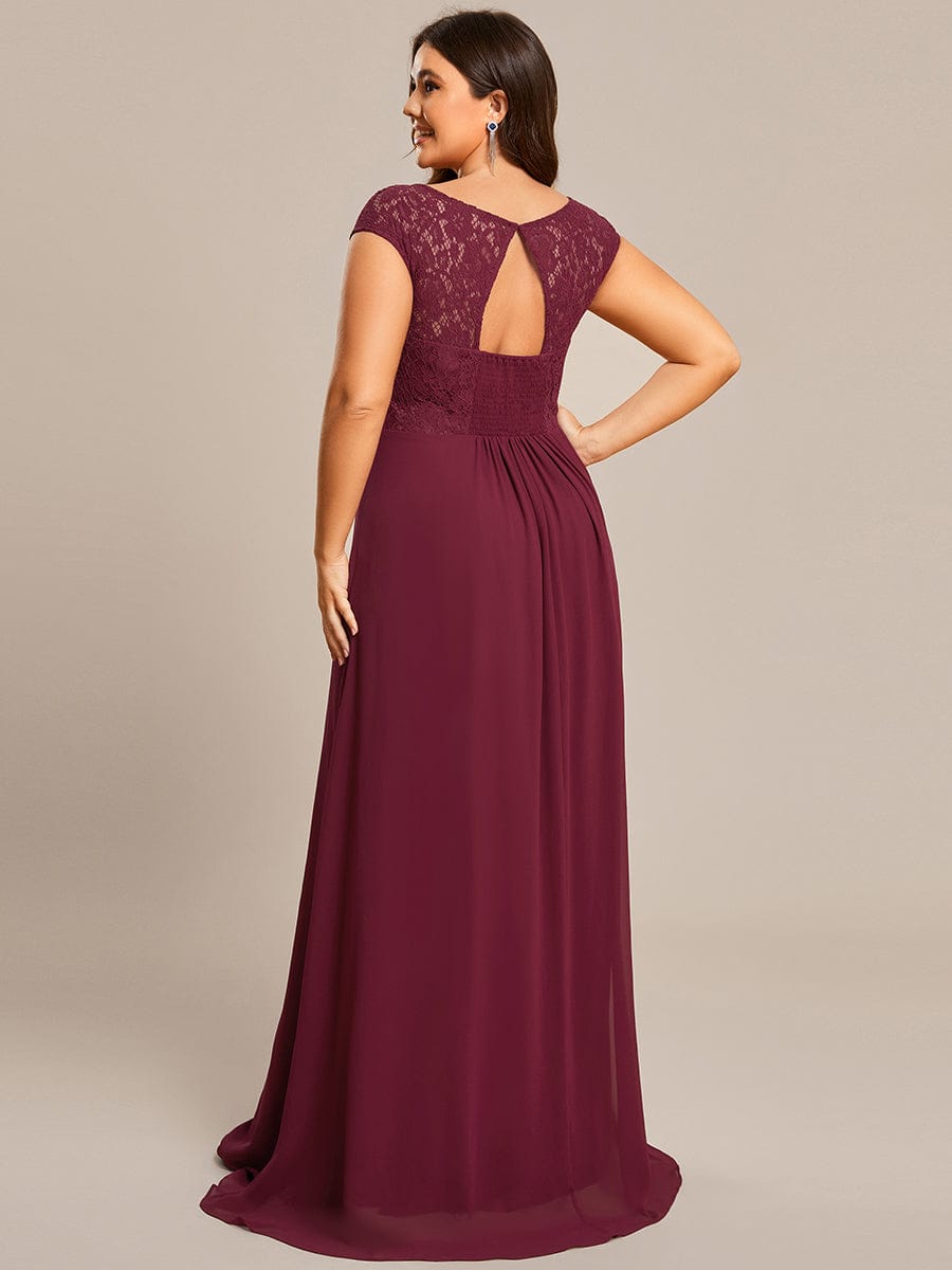 Plus Size Elegant Lace Chiffon Maxi Bridesmaid Dress #Color_Burgundy