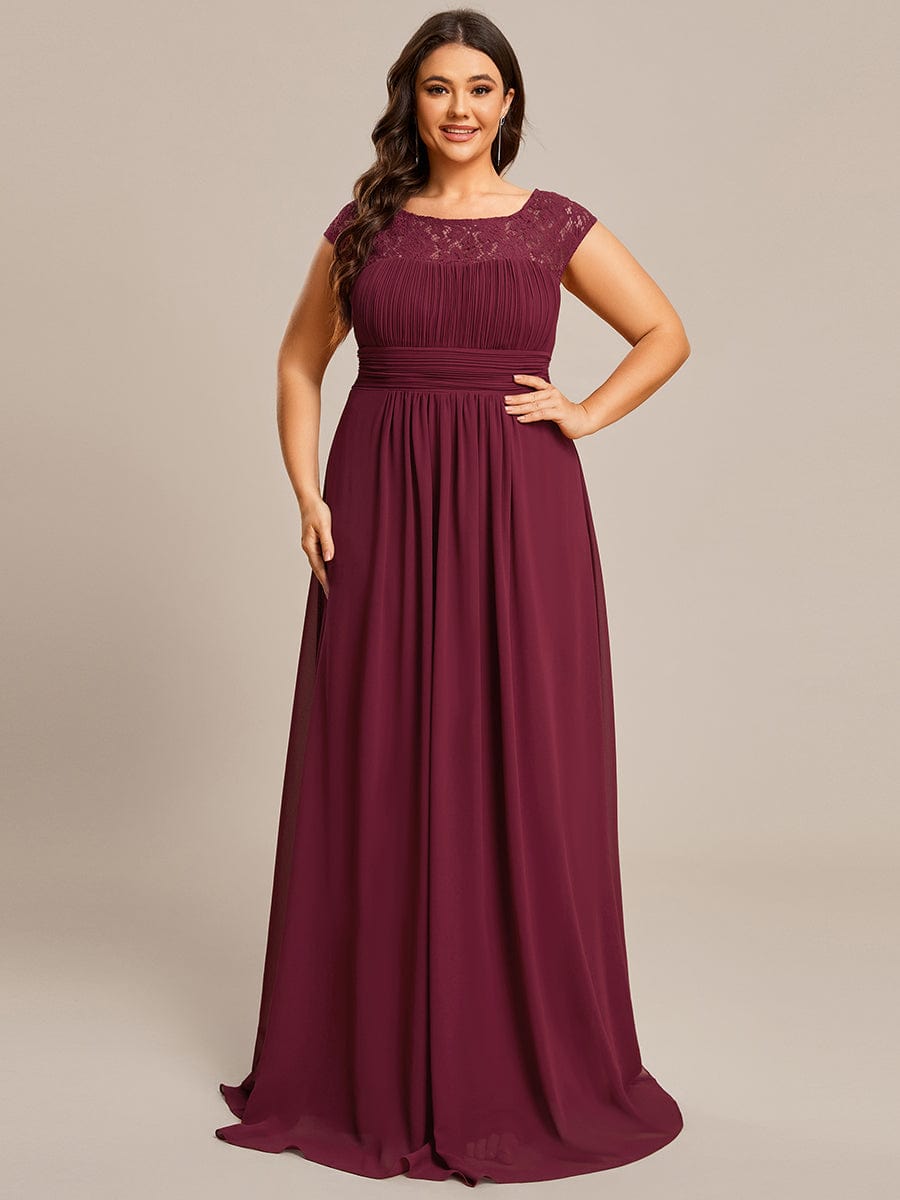 Plus Size Elegant Lace Chiffon Maxi Bridesmaid Dress #Color_Burgundy