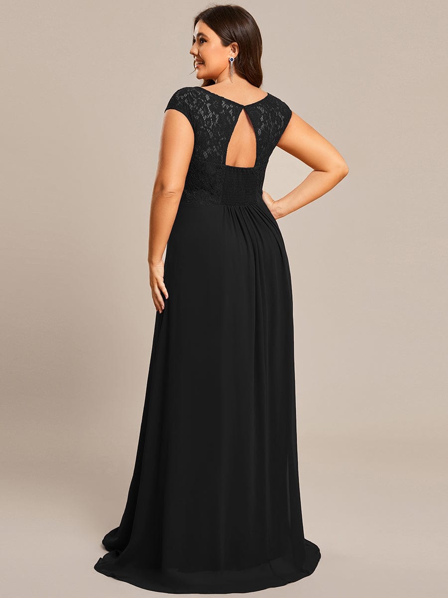 Plus Size Elegant Lace Chiffon Maxi Bridesmaid Dress #Color_Black